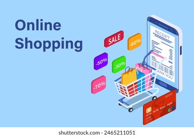 Isometric Smart phone online shopping concept. Online store, shopping cart icon. Ecommerce. Vector illustration in flat style