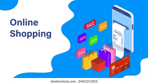 Isometric Smart phone online shopping concept. Online store, shopping cart icon. Ecommerce. Vector illustration in flat style