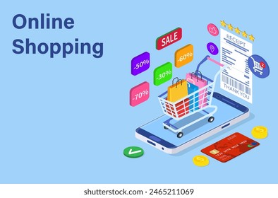 Isometric Smart phone online shopping concept. Online store, shopping cart icon. Ecommerce. Vector illustration in flat style