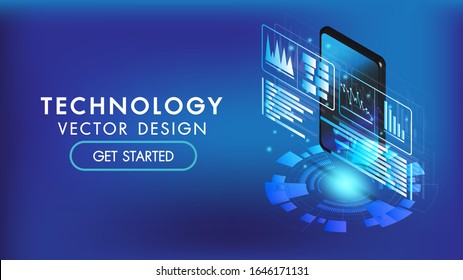 Isometric smart phone or tablet 3d interface background.Screen smart and simple with business chart and business icon analysis.Copy-space for edit.