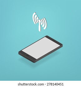 Isometric smart phone with Wifi, Wireless Network Signal, Flat design Style, Blue bakcground, Phone lying down