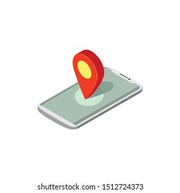 Isometric smart pjone with map and map pointers. City navigation concept.