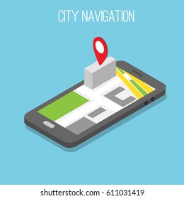 Isometric smart pjone with map and map pointers. City navigation concept.
