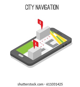 Isometric smart pjone with map and map pointers. City navigation concept.