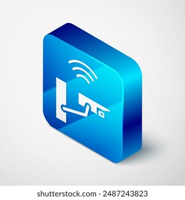 Isometric Smart security camera icon isolated on grey background. Internet of things concept with wireless connection. Blue square button. Vector
