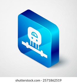 Isometric Smart sensor system icon isolated on grey background. Internet of things concept with wireless connection. Blue square button. Vector