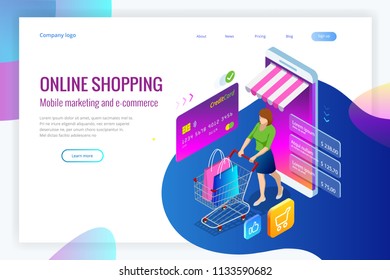 Isometric Smart smartphone online shopping concept. Smartphone turned into internet shop. Mobile marketing and e-commerce. Vector illustration