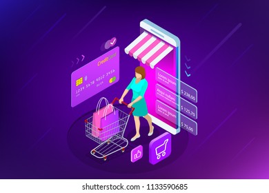 Isometric Smart smartphone online shopping concept. Smartphone turned into internet shop. Mobile marketing and e-commerce. Vector illustration