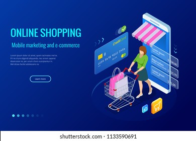 Isometric Smart smartphone online shopping concept. Smartphone turned into internet shop. Mobile marketing and e-commerce. Vector illustration