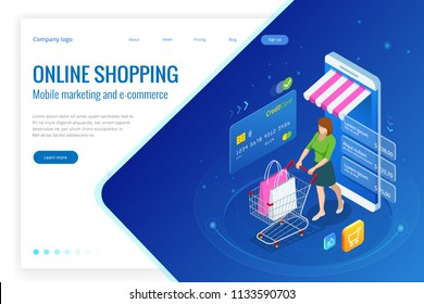 Isometric Smart smartphone online shopping concept. Smartphone turned into internet shop. Mobile marketing and e-commerce. Vector illustration