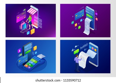 Isometric Smart smartphone online shopping concept. Smartphone turned into internet shop. Mobile marketing and e-commerce. Vector illustration