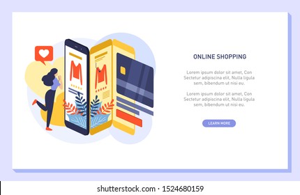 Isometric Smart smartphone online shopping concept. Online store. Young woman shopping online and payment with credit card.