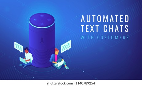 Isometric smart speaker with title automated text chats. Voice activated digital assistants and automated customer service experience concept. Blue violet background. Vector 3d illustration. Isometric smart speaker with title automated text chats. Voice activated digital assistants and automated customer service experience concept. Blue violet background. Vector 3d illustration.