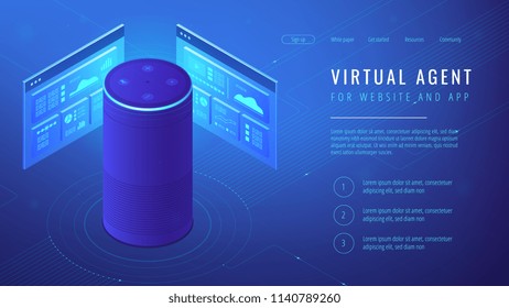 Isometric smart speaker with title virtual agent landing page. Voice activated digital assistants for websites and mobile applications concept. Blue violet background. Vector 3d illustration