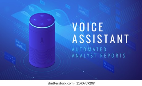 Isometric smart speaker with title voice assistant analyst reports. Voice activated digital assistants and automated voice command report concept. Blue violet background. Vector 3d illustration.