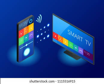 Isometric Smart TV Is Controlled By A Smartphone, Transmits Information Via The Cloud. Smart TV Interface App. Vector Illustration