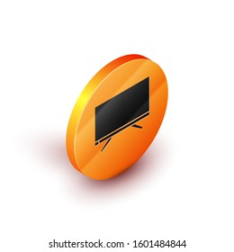 Isometric Smart Tv icon isolated on white background. Television sign. Orange circle button. Vector Illustration