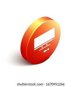 Isometric Smart Tv icono aislado en fondo blanco. Cartel de televisión. Botón de círculo naranja. Ilustración vectorial
