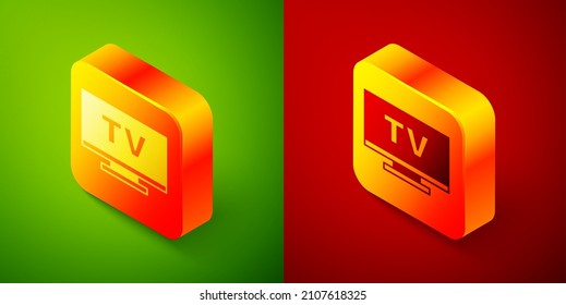 Isometric Smart Tv icon isolated on green and red background. Television sign. Square button. Vector