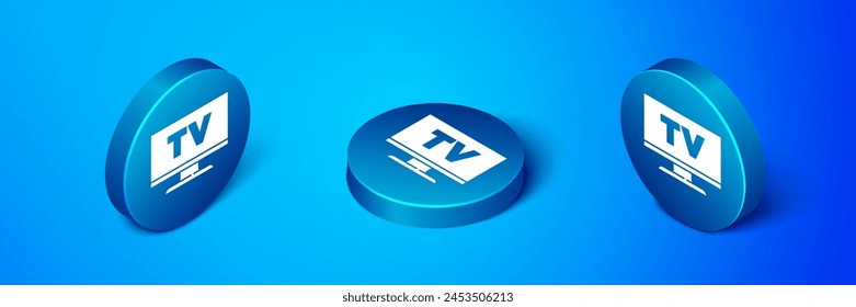 Icono de Smart Tv isométrico aislado sobre fondo azul. Señal de televisión. Botón círculo azul. Vector