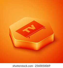 Isometric Smart Tv icon isolated on orange background. Television sign. Orange hexagon button. Vector Illustration