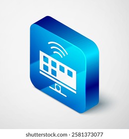 Isometric Smart Tv system icon isolated on grey background. Television sign. Internet of things concept with wireless connection. Blue square button. Vector