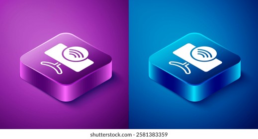 Isometric Smart Tv system icon isolated on blue and purple background. Television sign. Internet of things concept with wireless connection. Square button. Vector