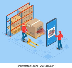 Isometric Smart warehouse management system. Concept of automatic logistics management. Packages are transported in high-tech Settings, Online shopping