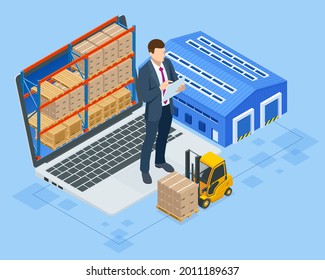 Isometric Smart warehouse management system. Concept of automatic logistics management. Packages are transported in high-tech Settings, Online shopping - Shutterstock ID 2011189637