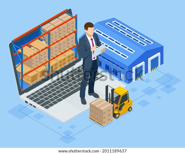 Isometric Smart warehouse management system.\
Concept of automatic logistics management. Packages are transported\
in high-tech Settings, Online\
shopping