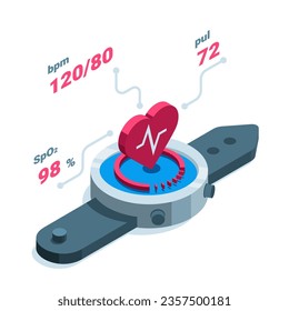 isometric smart watch with heart showing heart rate in color on white background, heart rate or health status in watch