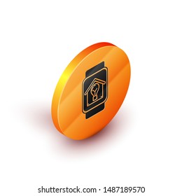 Isometric Smart watch with smart house and light bulb icon isolated on white background. Orange circle button. Vector Illustration