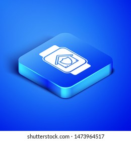 Isometric Smart watch with house under protection icon isolated on blue background. Protection, safety, security, protect, defense concept. Blue square button. Vector Illustration