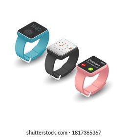 Isometric smart watch isolated on white background, three colors and style 