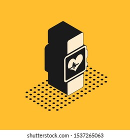 Isometric Smart watch showing heart beat rate icon isolated on yellow background. Fitness App concept.  Vector Illustration