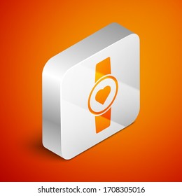 Isometric Smart watch showing heart beat rate icon isolated on orange background. Fitness App concept. Silver square button. Vector Illustration