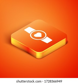 Isometric Smart watch showing heart beat rate icon isolated on orange background. Fitness App concept. Vector Illustration