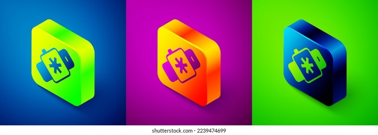 Isometric Smart watch showing heart beat rate icon isolated on blue, purple and green background. Fitness App concept. Square button. Vector