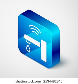 Isometric Smart water tap system icon isolated on grey background. Internet of things concept with wireless connection. Blue square button. Vector