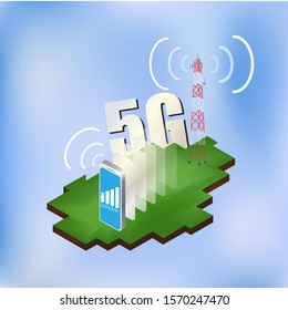 Isometric of smartphone and 5g antenna tower. telecommunication background, Technology background.