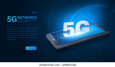 Isometric smartphone and 5G network icon. 5G new wireless internet wifi connection. Fifth innovative generation of the global high speed Internet network. Business concept banner. Glowing illustration