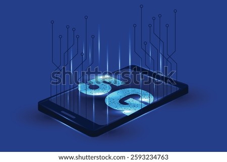 Isometric smartphone and 5G network icon. 5G new wireless internet wife connection. Fifth innovative generation of the global high speed Internet network