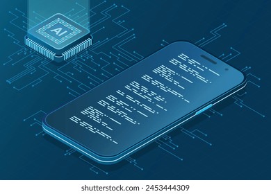 Smartphone isométrico con IA. Inteligencia artificial y concepto de smartphone. Smartphone con procesador de inteligencia artificial futurista