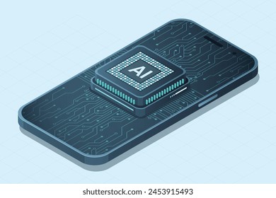 Isometric smartphone with AI. Artificial intelligence and smartphone concept. Smartphone with futuristic artificial intelligence processor