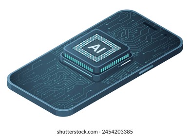 Isometric smartphone with AI. Artificial intelligence and smartphone concept. Smartphone with futuristic artificial intelligence processor