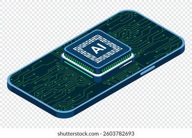 Isometric smartphone with AI. Artificial intelligence and smartphone concept. Smartphone with futuristic artificial intelligence processor. Isometric technology