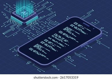 Isometric smartphone with AI. Artificial intelligence and smartphone concept. Smartphone with futuristic artificial intelligence processor. Isometric technology
