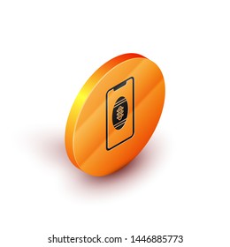 Isometric Smartphone with american football ball on the screen icon isolated on white background. Online football game for mobile phone. Orange circle button. Vector Illustration