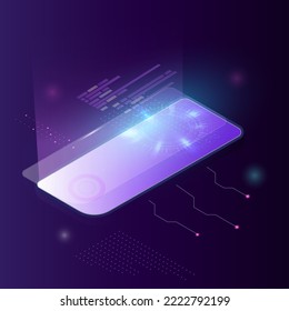 Isometric smartphone analysis information connect with server. Futuristic concept. Vector illustration
