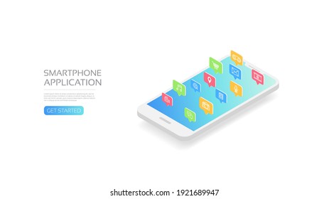 Isometrisches Smartphone mit Anwendungssymbol einzeln auf weißem Hintergrund